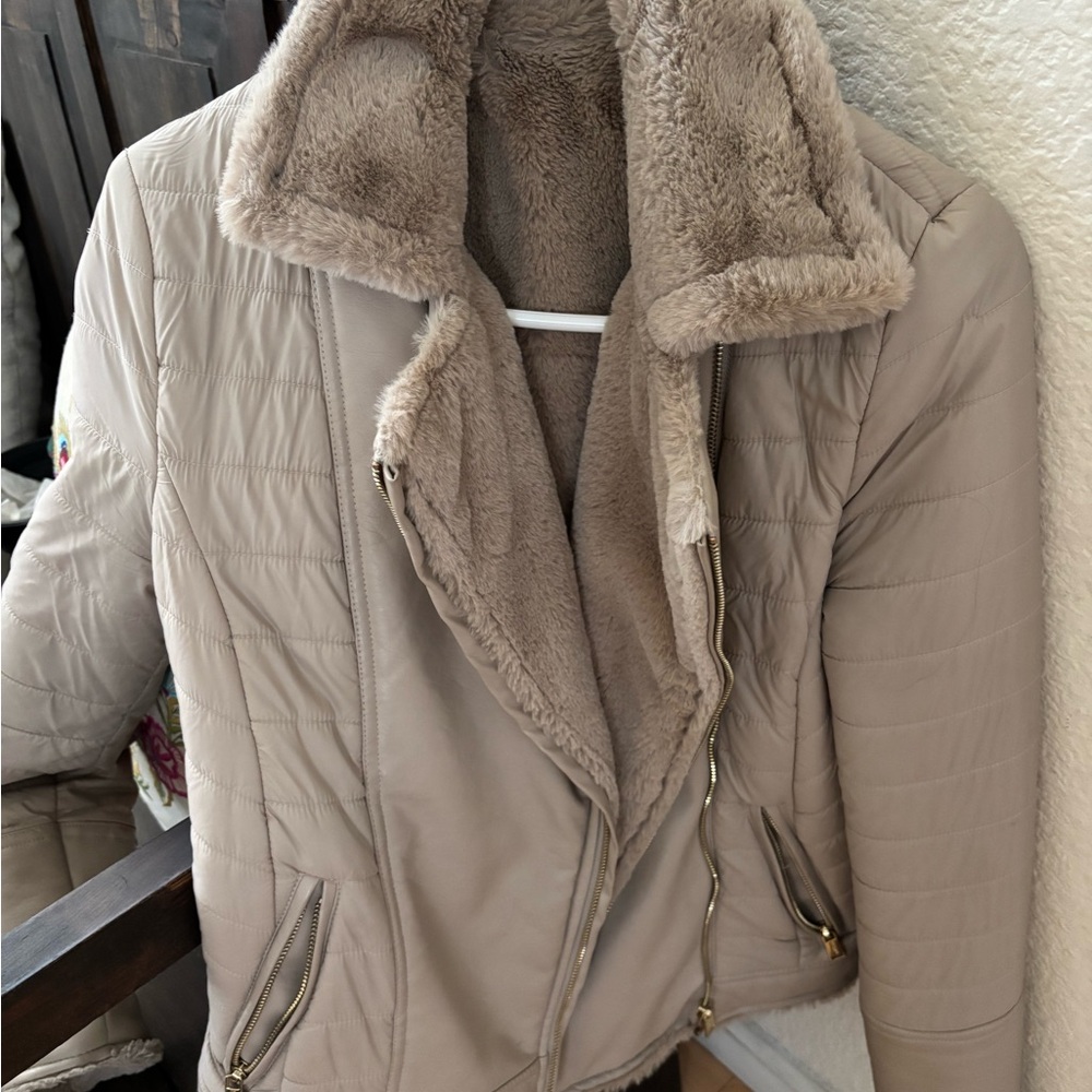 Guess Women's Beige Quilted Leather Jacket